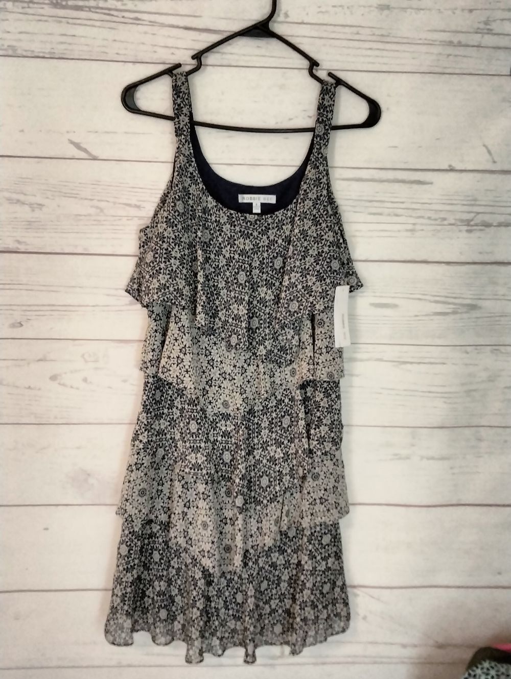 Robbie Bee Blue and Ivory Cream Tiered Floral Mini Dress
